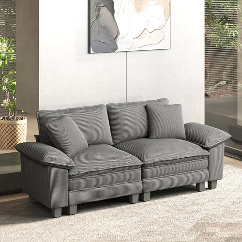 Image of HERA'S HOUSE 88 inch Oversized Modular Sectional Loveseat Sofa, Corduroy Grey | Loveseat Living Room Couches, Wider Armrest and Deep Seat, Comfy Cloud Couch with Ottoman, Wood Sturdy Frame