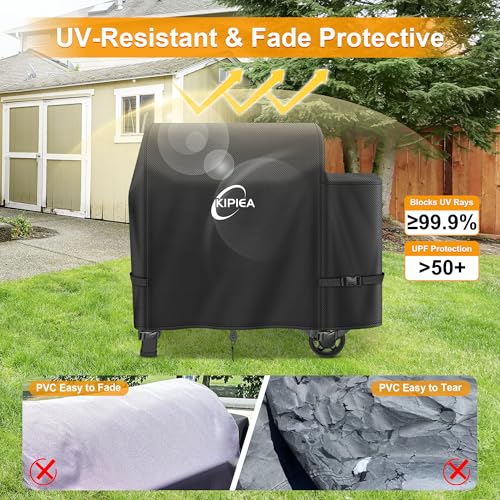 Image of Kipiea 600D Heavy Duty Pellet Grill Cover for Weber Searwood XL 600 & Smoque XL, Waterproof Wood Pellet Smoker Cover with Windproof Buckles, UV Resistant, No Tear, No Fading