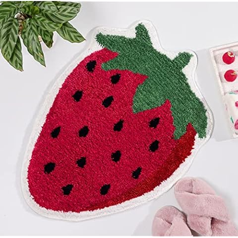FROZZUR Strawberry Bathroom Rugs, Luxury Absorbent Non Slip Red Bathroom Mats, Fruit Shaped Bathtub Rug Bathroom Tub Fun Plush Shower Rugs Washable Cover