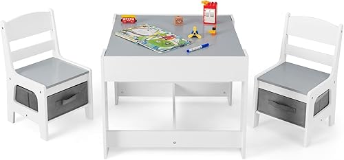 HONEY JOY Mesa y sillas para niños, juego de actividades de madera 3 en 1 con almacenamiento, mesa desmontable, para arte, manualidades, dibujo,