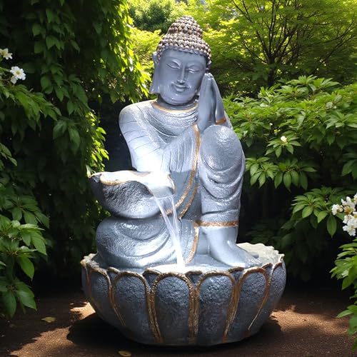 Image of 3 Feet Namaste Buddha Water Fountain for Home & Garden|Fiber Buddha Fountain with LED Light|Indoor Outdoor Fountain for Vastu & Positivity (Unique Grey, 3 Feet Namaste Buddha Fountain)
