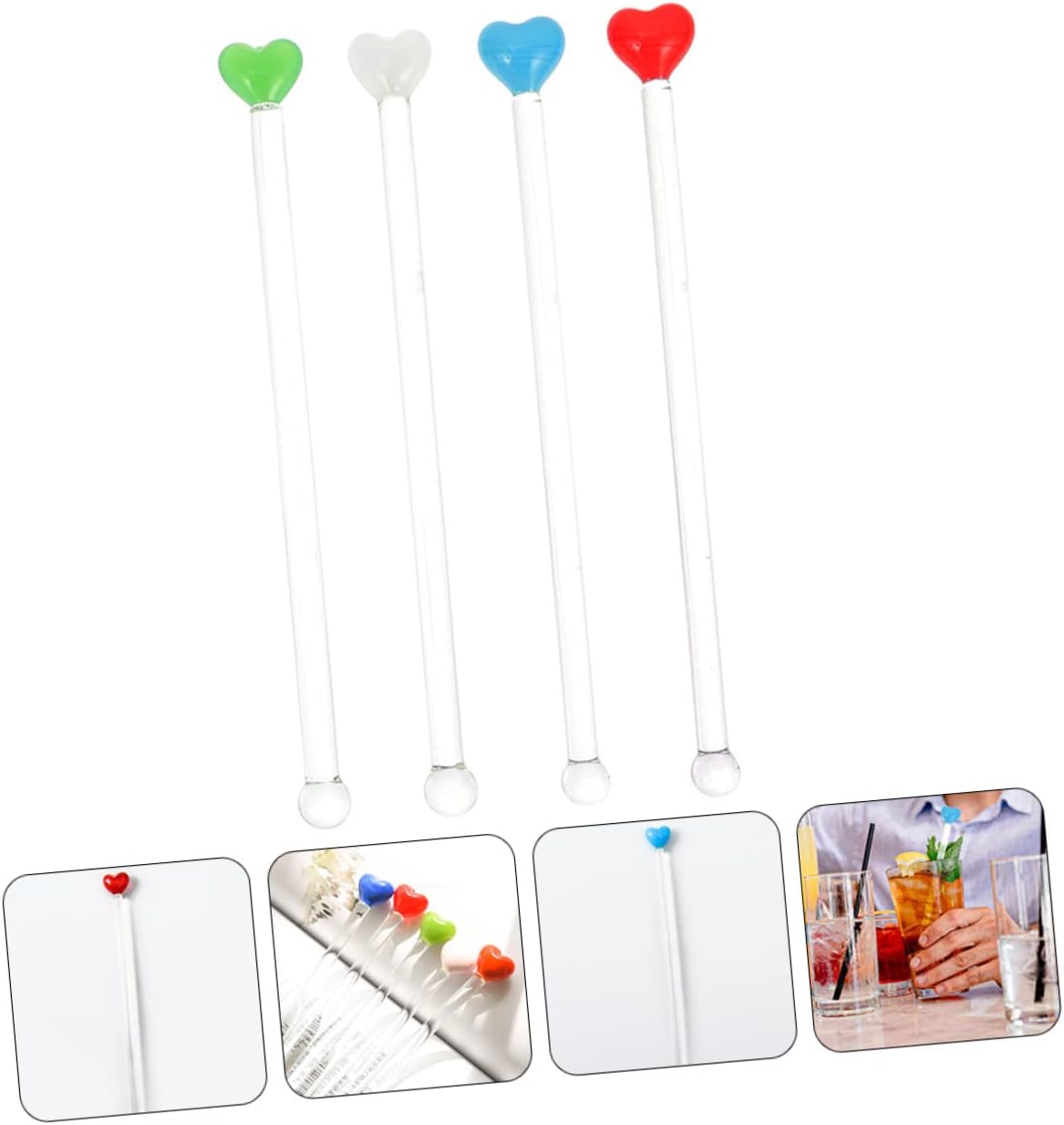 Mikinona 4pcs Handmade Glass Stirrers Heart Drink Mixers for Cocktails Bar Office Accessories Reusable Stir Sticks