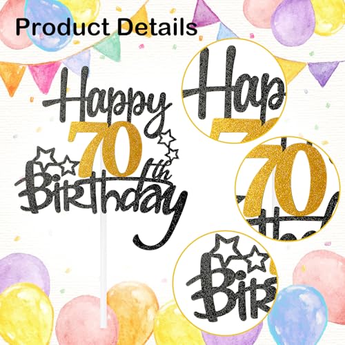 Happy 70th Birthday Cake Topper, Black Gold Glitter 40th Birthday Cake Topper, 70th Birthday Cake Pick Cake Decoration for Happy 70th Birthday Anniversary Party Supplies - Image 2