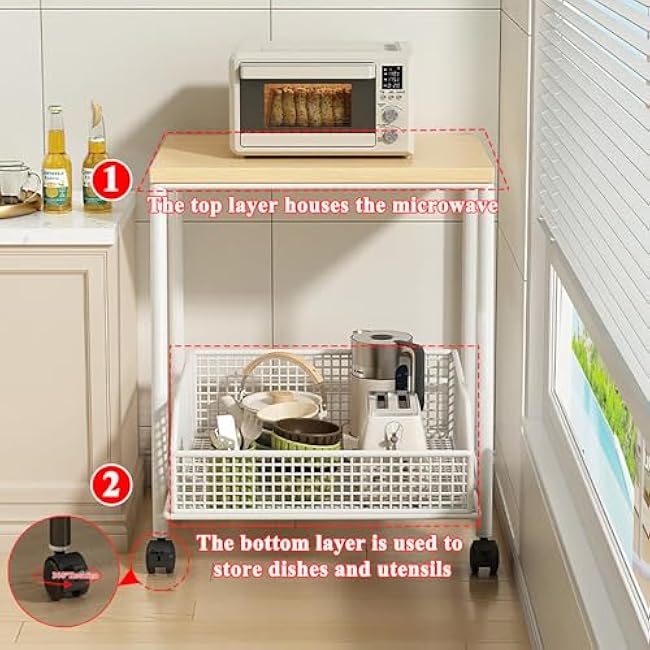 Home Storage RacksMultifunctional Rolling Microwave Cart with Storage Basket Kitchen Utility Rack & Stand for Small Spaces Ideal Coffee Station & Pantry-Ew6HMenA