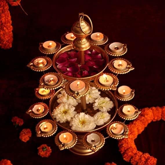 2 Tier Metal Urli Stand with 16 Oil Lamp Holders, Golden Brass Finish Decorative Pooja Stand for Diwali Decoration, Home Temple Decor, Festival Centerpiece, Festive Gift-image-46