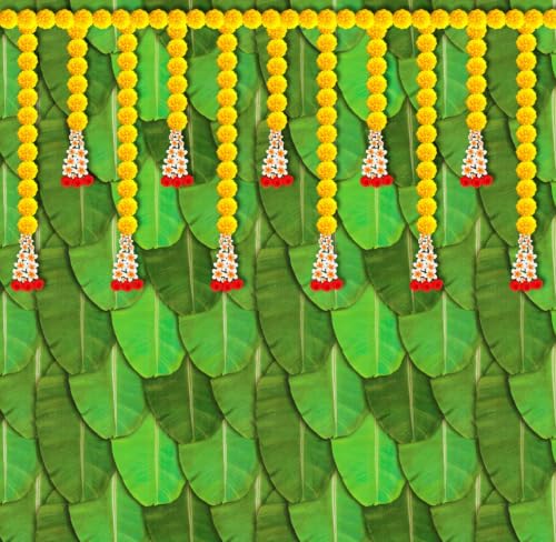Image of sravanamasam Pooja Decoration Backdrop | Banthi Puvvu Hanging Garland on Banana Leaf Background Mandapam Cloth 5x5 feet | Back Ground Decoration Clothes 5x5 feet