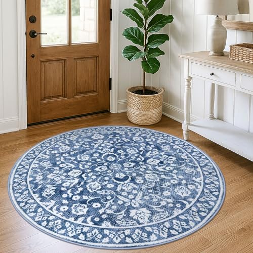 SILOLOOM Vintage Washable Round Rug 5ft Circle Rug for Living Room,Entryway