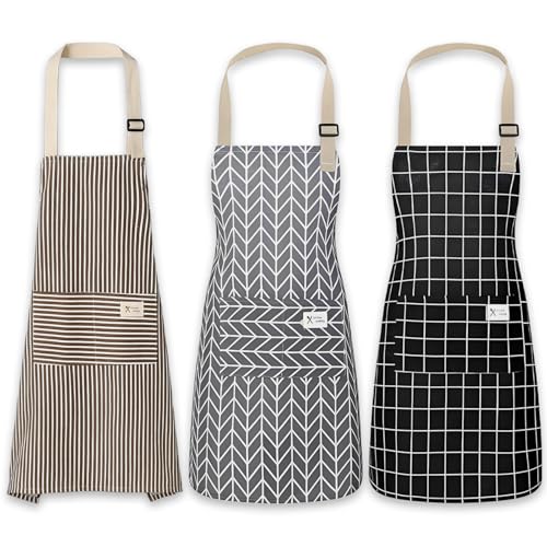 iuiiaii 3 Pack Aprons for Women with Pockets, Aprons for Cooking, Kitchen Apron Adjustable Neck Bib Applicable to Baking Grilling Home Kitchen and Restaurant Use Womens Work Apron