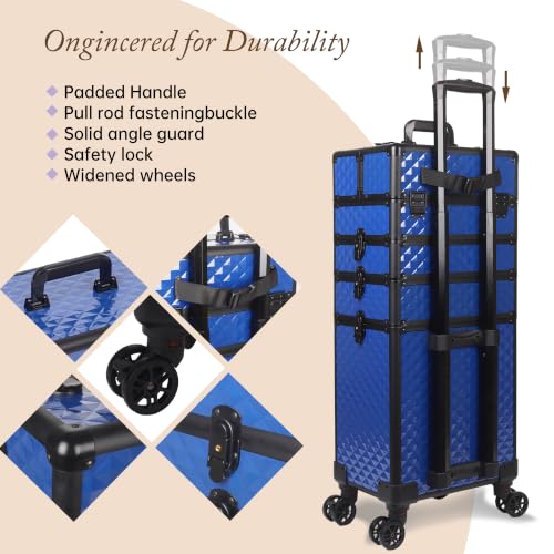 Image of 5 in 1 Rolling Makeup Train Case Professional Cosmetic Trolley Large Storage Organizer on Wheels for Hairstylist Artist Nail Beauty Salon Barber Blue