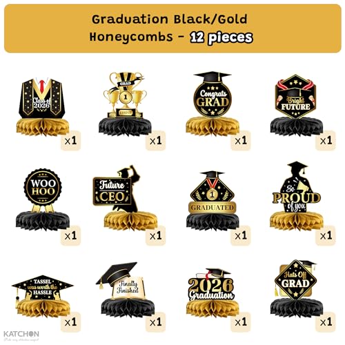 Image of Graduation Decorations 2026 | Black and Gold Graduation Centerpieces For Tables 2026 - Pack of 12 | Congrats Grad Honeycomb Centerpieces | Graduation Centerpieces 2026 | KatchOn