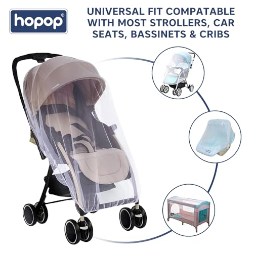 Image of Hopop Universal Mosquito Net for Baby: White, Full Coverage, Elastic Edges, Fits Strollers, Bassinets, Car Seats, Cribs, Keeps Bugs Out