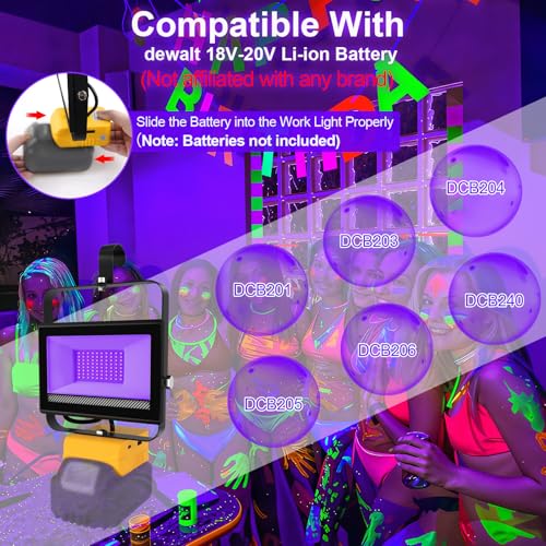 Image of Portable LED Black Lights, Cordless Blacklight Compatible with Dewalt 20V Battery, 395nm Ultraviolet Flood Light with 140 Adjustable, USB & Type C Charging Port for Glow Party Stage (4 Pack)