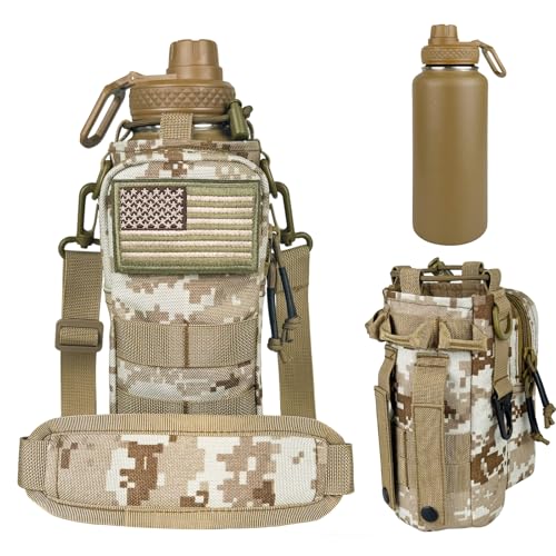 Image of 32 oz Insulated Water Bottle - Tactical Stainless Steel Water Bottles with Sleeve, Wide Mouth Gym Water Bottles for Men Sports Workout Hiking with Pouch Desert Camo