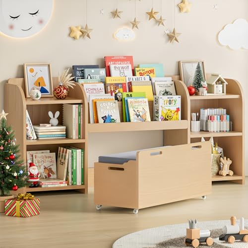 ONBRILL Kids Bookshelf with Reading Nook, 64.5' Toy Storage Organizer with Movable Bench with 3 Storage, Kids Bookcase with 3-Tier Bookshelf, 6 Storages Cubbies, Toy Box & Chest for Bedroom, Playroom