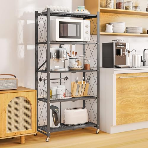 Image of 5-Tier Folding Metal Storage Rack - 63 inch Heavy-Duty Steel Frame with Wheels, No Assembly Utility Organizer, Rolling Shelving Unit for Kitchen, Garage, Pantry, Bedroom (Gray, 5 Tier)