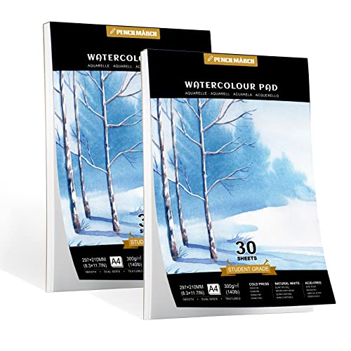 PENCILMARCH Papel Acuarela Din A4 Cuaderno Acuarelas 300gr con 60 Páginas (30 Hojas) para Niños Adultos profesional Pintar, Dibujar y Bocetos - 2 Paquetes Bloc