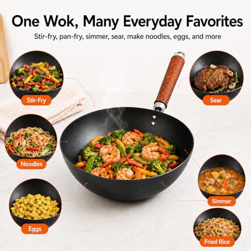 Image of WANGYUANJI 10.24-Inch Carbon Steel Wok with Lid, Flat Bottom Small Wok Pan for 1-3 Servings, Uncoated Stir Fry Pan, Glass Lid, Induction /Gas /Electric Compatible, Wood Handle, Black