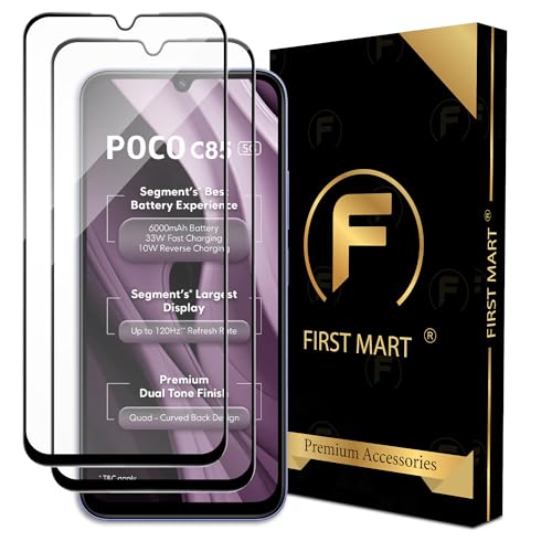 Image of FIRST MART Military-Grade Gorilla Tempered Glass Compatible For Poco C85 (6.83 Inch) With Edge To Edge Screen Coverage and Easy Installation Kit | Black, Pack of 2