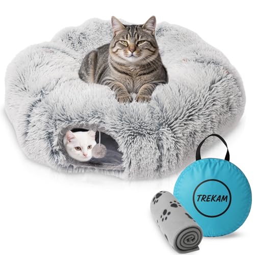 TREKAM - Cuccia tunnel per gatti - Tunnel per Gatti pieghevole con coperta e borsa per il trasporto - Ciambellone per gatti Comoda, sicura e divertente – Tubo gatto per giocare e riposare.
