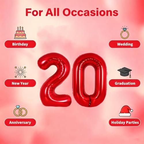Image of Number Balloons Red Party Balloon - 40 Inch Large Number 20 Balloon, Numbers Balloon Birthday Decorations, Red Party Supplies for Anniversary