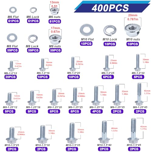 Image of Taiss 400PCS Metric Flange Bolt Assortment Kit,10.9 Grade M6x1.0 /M8x1.25 /M10x1.5 Bolts(12mm to 45mm) Assorted White Zinc Galvanized Hex Metric Nuts and Bolts Washers Set for Automotive