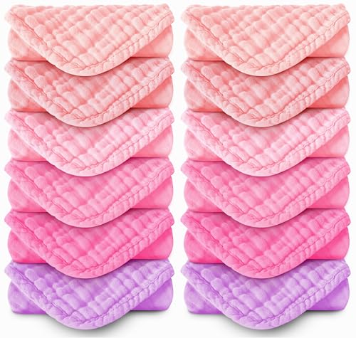 Image of MOON PARK Baby Washcloths, 12 Pack - 12x12 Inches, Small Burp Cloths and Baby Wipes - 100% Cotton Muslin Ultra Soft for Newborn, Infant and Toddlers - Pink, Purple and Sakura Series