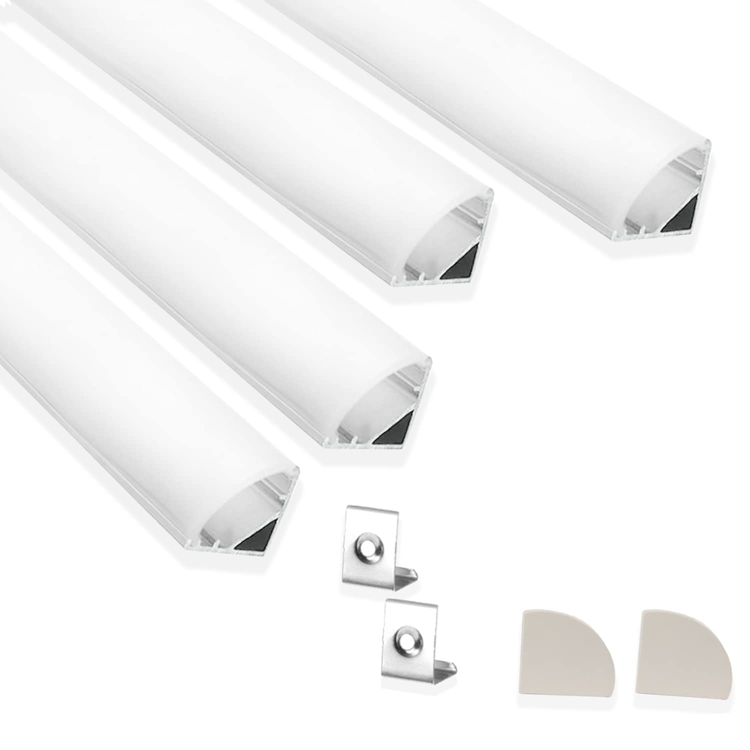 Abaj Lighting Aluminium Round Led 1Meter Profile Corner With Diffused Cover, End Caps And Mounting Clips Without Led Straight Linear (16X16Mm) - Pack Of 4, Silver