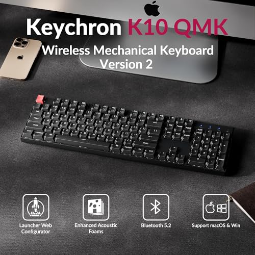 Image of Keychron K10 Version 2 Full Size 104 Keys Bluetooth Wireless Mechanical Gaming Keyboard for Mac Windows Super Red Switch White LED Backlight /USB C Wired Computer Keyboard