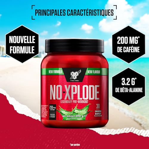 BSN Nutrition N.O.-Xplode Complément alimentaire Pre Workout en poudre, maintient l'énergie et la concentration avec caféine, acides aminés, vitamine C et zinc, goût Green Burst, 30 portions, 390 g – Image 3
