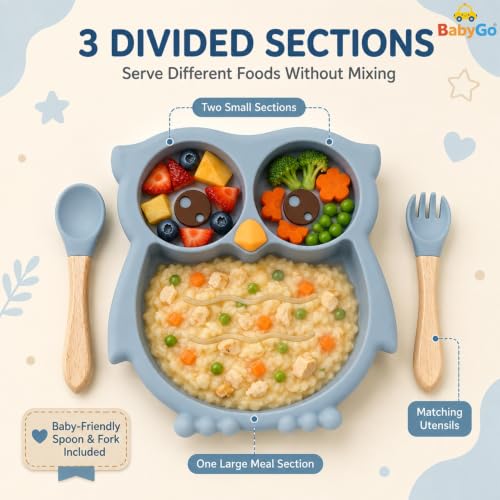 Image of BabyGo Silicone Suction Plate for Babies & Toddlers | 3-Section Owl-Shaped Feeding Set | Strong Suction Cups | BPA-Free, Microwave Safe | Self-Feeding| 1 Plate & 2 Spoons | Blue