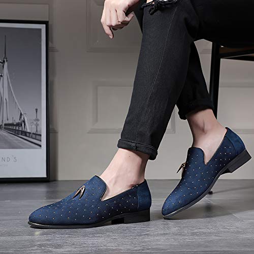 YYQL Men's Gold Rivet Noble Suede Loafers Shoes Pointed Toe Velvet Penny Loafers Party Dress Shoes Size 7-132