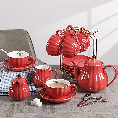 Porcelain Tea Sets British Royal Series, 8 OZ Cups& Saucer Service for 6, with Teapot Sugar Bowl Cream Pitcher Teaspoons and Tea Strainer, Suitable for High Tea, Wedding, Party (Watermelon Red) - Thumbnail 2