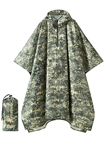 Image of PTEROMY Hooded Rain Poncho for Adult, Waterproof Lightweight Unisex Raincoat for Hiking Camping Emergency