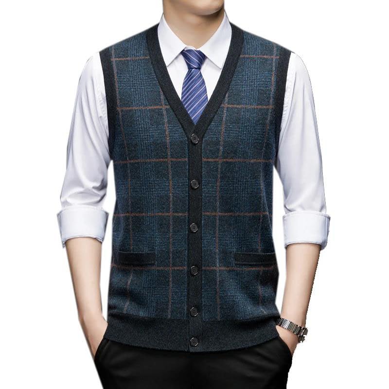 Men Plaids Wool Top Knit Vest Sleeveless Buttons Down Cardigan Sweater2