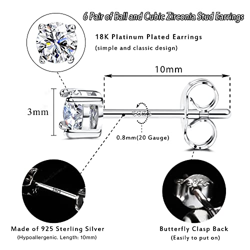 Hayoso 6 Pairs Sterling Silver Stud Earrings for Women, Cubic Zirconia Stud Earrings, Tiny Ball Stud Hypoallergenic Earrings, Small Tragus Cartilage Earrings Set for Men 2mm,3mm,4mm2