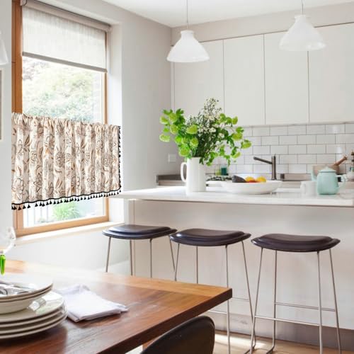 Visillo para café estilo cortina corta bohemia de algodón y lino beige 5