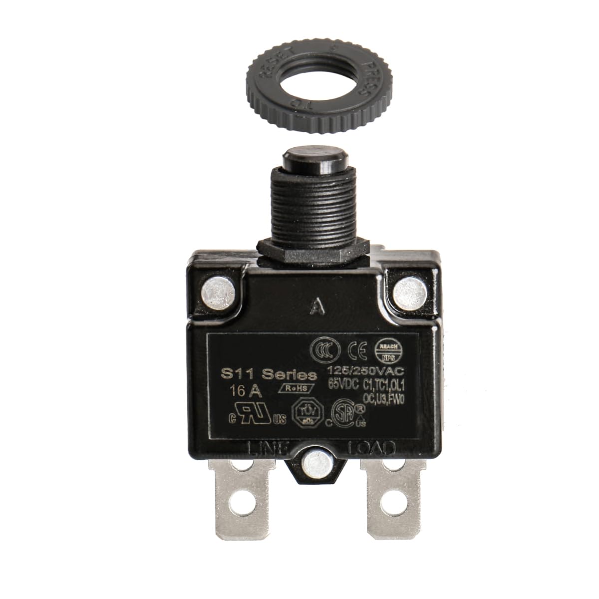 BAOMAIN 16A Thermal Overload Protector Circuit Breaker, 125/250V AC 65V DC Manual Reset S11 Series for Treadmills, Generators & Power Strips 2-Pack