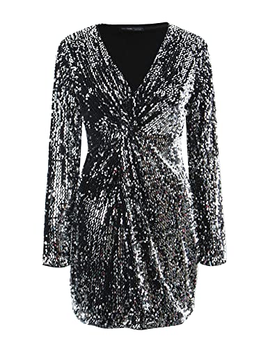Muke Oneplus Sexy Sequin Party Dress for Women V Neck Long Sleeve Tie Knot Glitter Cocktail Night Mini Pencil Dress Black