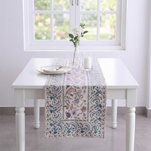 Image of Ravaiyaa - Attitude is everything Cotton Hand Block Printed Table Runner Bed Runner Table Decor (Grey & White Floral)