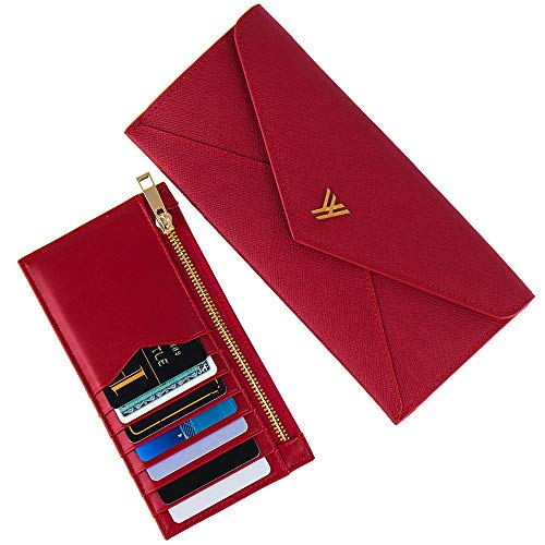 YBONNE Women's Long Wallet RFID Blocking Envelope Purse, Made of Saffiano Leather (PLUS - Wine Red)