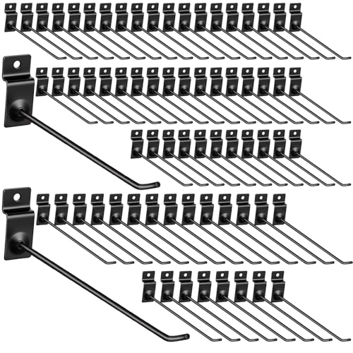 Moxweyeni 100 Pack Slatwall Hooks, 6 and 8 Inch Slatwall Accessories, Metal Panel Wall Hooks Pegs Hanging Hangers Thickness Slat Pegs for Garage Shop Retail Display (Black)