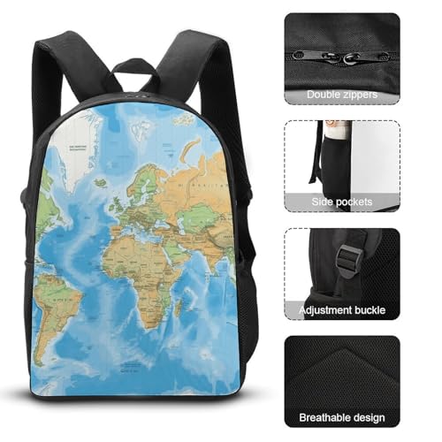 3 Piece Backpack for Women Men Lightweight Causal Daypack Shoulder Bag Set with Insulated Lunch Bag And Pencil Case Organizers World Map3