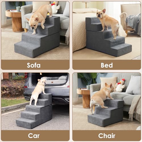 Image of EHEYCIGA Dog Stairs for Bed 18 inch H, 4-Step Extra Wide Dog Steps for High Bed, Pet Steps for Small Dogs and Cats, Non-Slip Balanced Pet Ramp Indoor, Grey