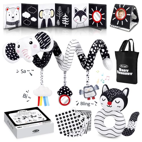 Image of Joyreal High Contrast Baby Toys for Newborn, Black and White Baby Sensory Toys with Car Seat Toys,Infant Toys with Black White Cards Book, Montessori Toys for Baby Gifts (Elephant Theme)