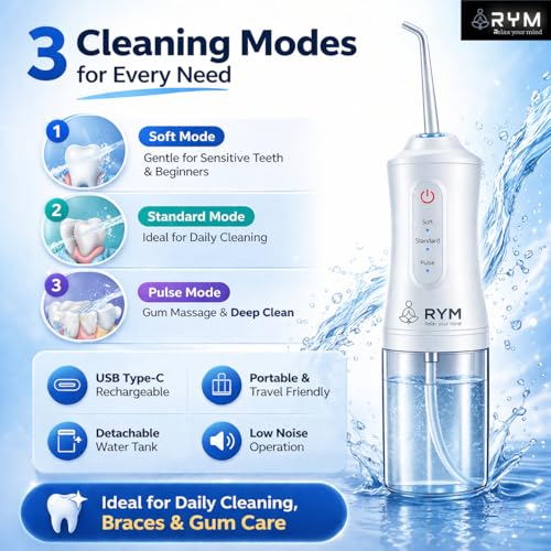 Image of RYM Water Flosser for Teeth | Dental Water Flosser Portable with 245ml Tank, 3 Modes, 4 Nozzles, USB Type-C Rechargeable, Waterproof Electric Flosser for Teeth Cleaning, Braces & Gum Care