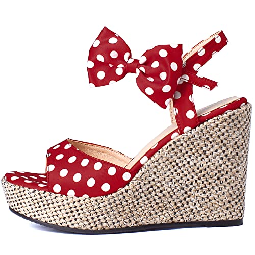 KISSASA Womens Polka Dot High Heels with Bow Espadrille Wedge Peep Toe Satin Sandals3