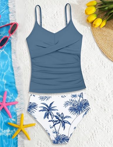 Image of Girls Swimsuit 2 Piece Bathing Suit Criss Cross Ruched Girl Tankini Sets Printed Girls' Swimwear for 9-18 Years