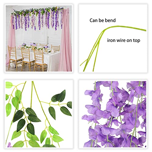 Cewor 24Pcs Artificial Wisteria Vine 3.6 Feet Fake Flowers Ratta Hanging Garland Silk Flowers String For Wedding Party Garden Outdoor Greenery Home Wall Decoration (Purple) #TOP3