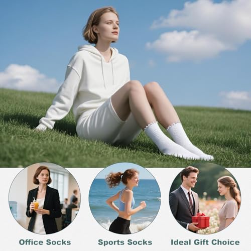 BISOUSOX Ruffle Socks Woman, White Crew Cute Frilly Ankle Lettuce Dress Socks for Women Girls Turn-Cuff Size 5 7-92