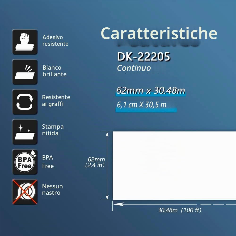 BETCKEY - 10 Rotoli DK-22205 Etichette a Lunghezza Continua Compatibile con Brother, 62mm x 30.48m, 10 Etichette per Stampanti di Etichette Brother QL